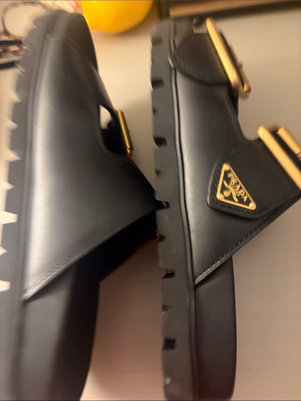 Prada Women’s Black Leather Logo Slide Sandals with Gold Hardware size 37 - Picture 4 of 6